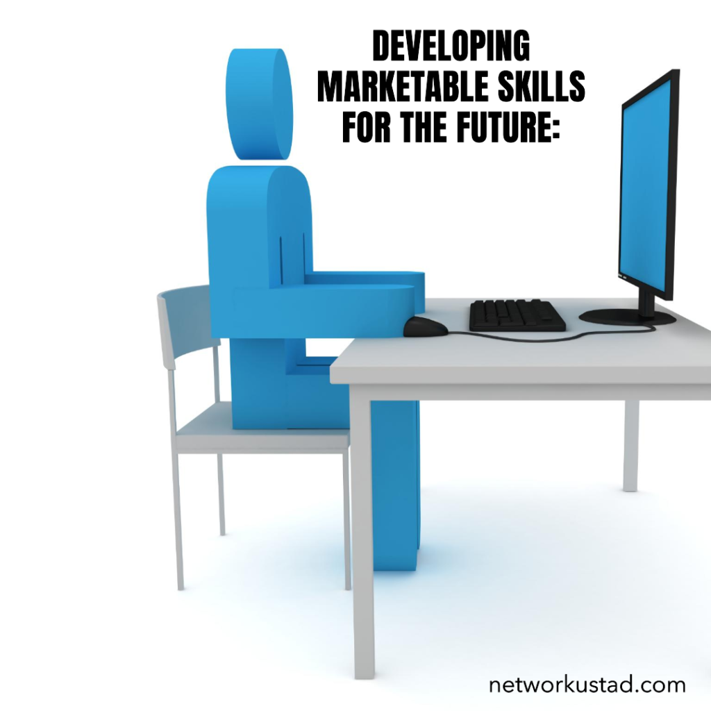 A graphic of a stylized blue figure seated at a desk with a computer monitor keyboard and mouse symbolizing the development of marketable skills for the future in relation to apps