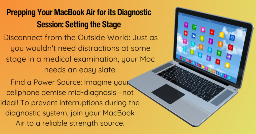 An open MacBook Air on a dual-tone background with system and options icons floating above it, accompanied by a descriptive text about its engineering quality.