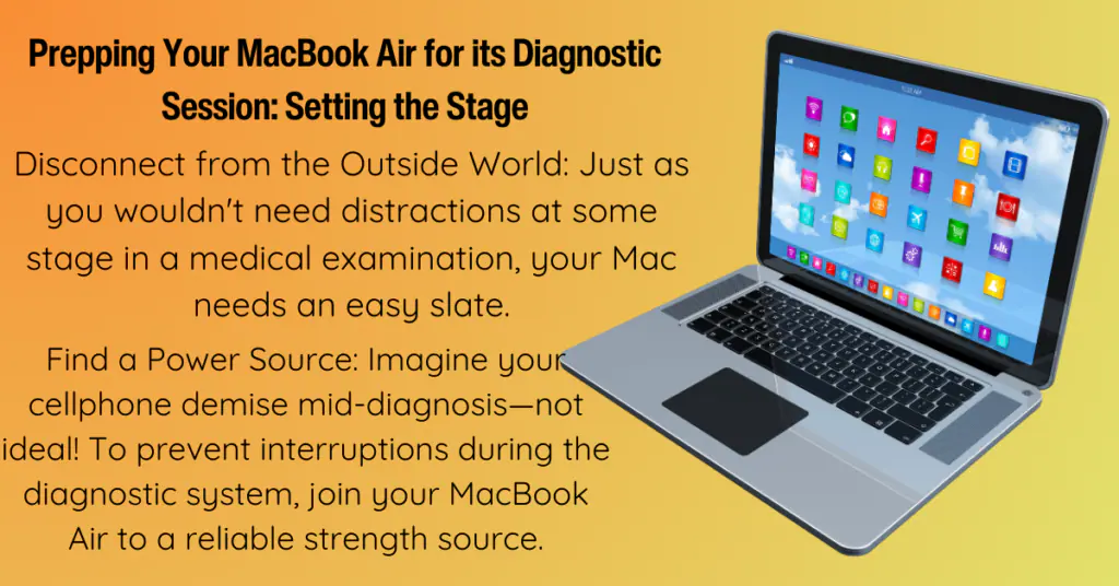 An open MacBook Air on a dual-tone background with system and options icons floating above it, accompanied by a descriptive text about its engineering quality.