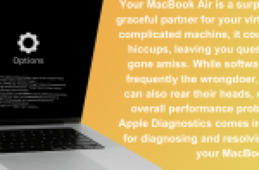 An open MacBook Air on a dual-tone background with system and options icons floating above it, accompanied by descriptive text about its engineering quality. #MacBookAir #EngineeringExcellence #TechDesign #Innovation #AppleProducts #HardwareTroubleshooting