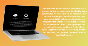 An open MacBook Air on a dual-tone background with system and options icons floating above it, accompanied by descriptive text about its engineering quality. #MacBookAir #EngineeringExcellence #TechDesign #Innovation #AppleProducts #HardwareTroubleshooting