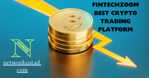 A stack of gold Bitcoin coins on a blue and yellow gradient background with arrows pointing downwards, alongside text promoting a cryptocurrency trading platform.