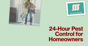 A family being greeted at the door by a pest control professional, with the logo of “NetworkListed” and text stating “24-Hour Pest Control for Homeowners.