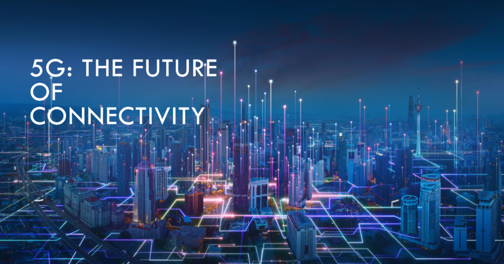 A futuristic cityscape at night with glowing neon lines and lights illustrating an advanced network of connectivity symbolizing the concept of 5G technology as the future of connectivity