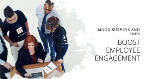 A group of five professionals gathered around a laptop on a table, discussing over what appears to be survey results. The background features a world map graphic. #Mood Surveys or eNPS