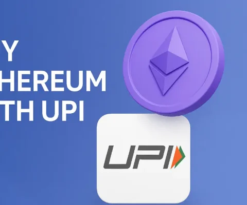 3D Purple Ethereum Coin And Upi Logo On Blue Background With Text Buy Ethereum With Upi