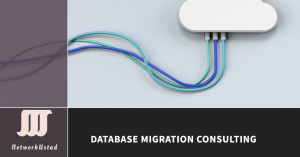 A graphic representation of database migration consulting, depicting a cloud connected to three colored data cables, symbolizing the transfer and integration of information into the clo