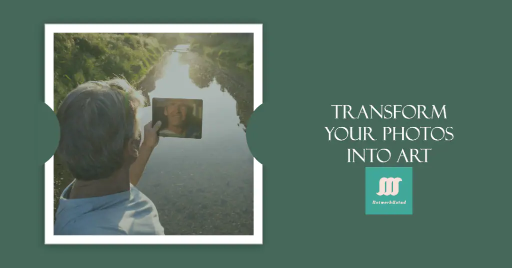 A person holding a tablet that displays an image of their face, with the reflection of a water canal and trees in the background. The scene is framed by the silhouette of the person and tablet against a bright sky. To the right, there’s text on a teal background that reads “TRANSFORM YOUR PHOTOS INTO ART” with a logo underneath stating “BarewallsKind.”