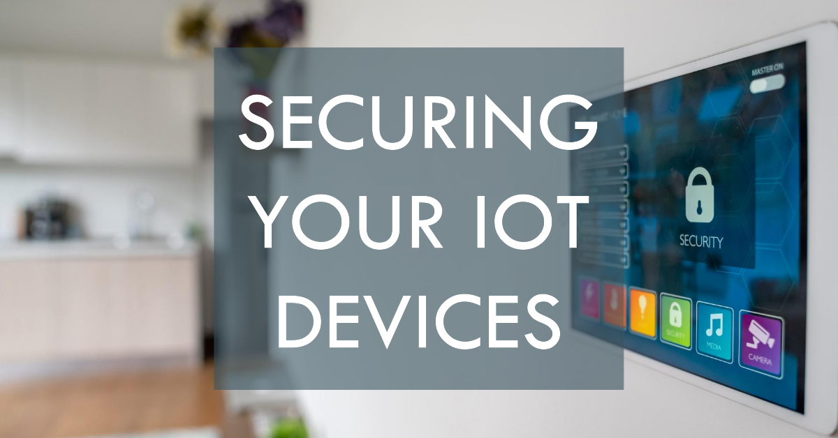 A digital interface displaying the message “SECURING YOUR IOT DEVICES” with a padlock icon, surrounded by various colorful application icons, mounted on a glass wall in a modern home setting.