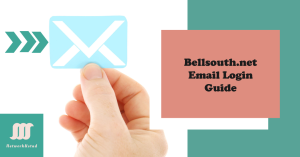 A hand holding a symbolic email icon with text ‘Bellsouth.net Email Login Guide’ on a coral background.