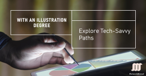 A hand using a stylus on a digital tablet to create colorful abstract art, symbolizing tech-savvy career opportunities for illustration graduates.