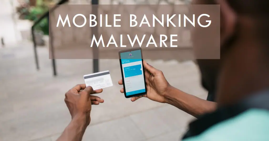 The image depicts a person holding a smartphone in one hand and a credit card in the other. The smartphone screen shows a banking application interface with the word “Enter” visible. Overlaid on the image is text that reads “MOBILE BANKING MALWARE.” This suggests a warning about the risks of malware in mobile banking applications, highlighting an important cybersecurity issue.