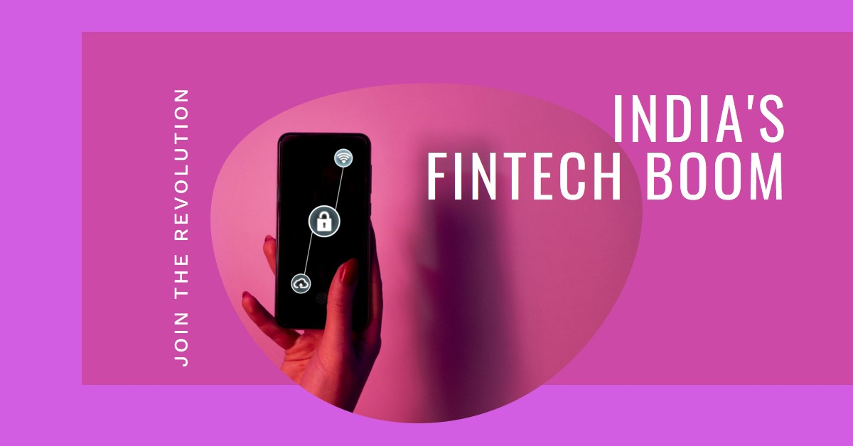 A hand holding a smartphone with icons for a lock, chat, and dollar sign against a purple background with text “Join the Revolution” and “India’s Fintech Boom”.
