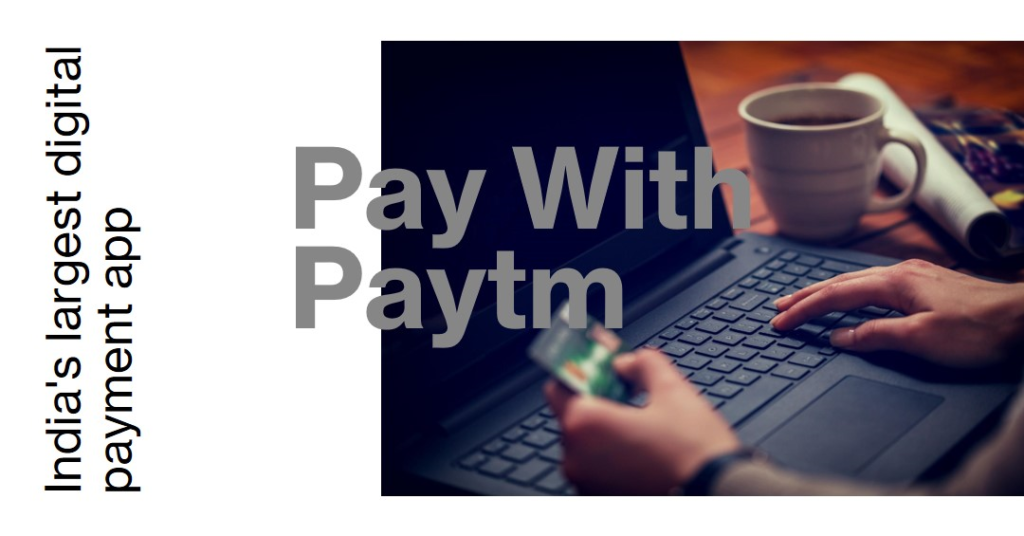 The image you provided shows a persons hands one holding a credit card and the other operating a laptop The text overlay reads Pay With Paytm and Indias largest digital payment app This appears to be an advertisement or informational graphic promoting Paytm highlighting its significance as a widely used platform for digital payments in India