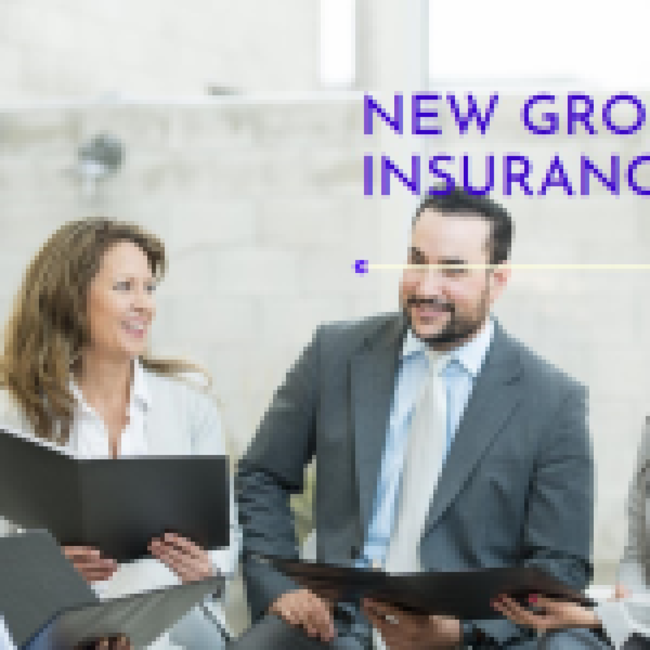 A team of professionals engaged in a strategic meeting about group insurance plans, with documents in hand.