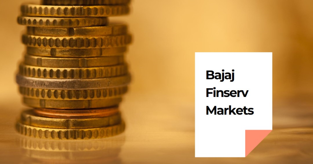 The image you provided shows a stack of coins in the foreground with a blurred background to emphasize the coins On the right side of the image there is a white rectangle with text that reads Bajaj Finserv Markets This image likely relates to financial services banking or investment and highlights the company Bajaj Finserv Markets