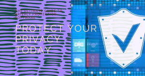 A promotional graphic for privacy protection software featuring a shield emblem with a checkmark and text encouraging privacy protection.