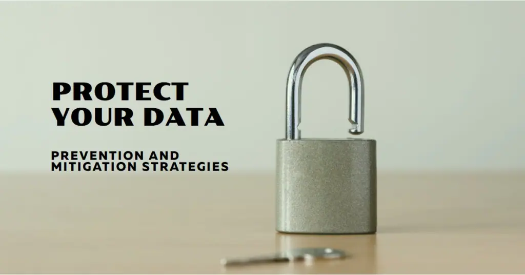 A close-up image of a credit card partially inserted into a laptop’s card reader slot, with the focus on the card and reader. Overlaid text in bold reads ‘PROTECT YOUR DATA’ with a smaller caption underneath stating ‘PREVENT DATA BREACHES.’ The image emphasizes the importance of data security and protection against unauthorized access.