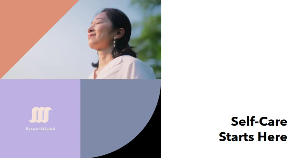  The image is a split-composition graphic with two distinct halves. On the left side, there is a photograph of an individual with their face obscured by a brown rectangle to maintain privacy. The individual appears to be wearing a white top and is set against a soft-focus background that includes shades of blue and pink, suggesting an outdoor setting during either sunrise or sunset. On the right side, against a plain white background, there’s black text that reads “Self-Care Starts Here.” Additionally, in the bottom left corner of the image on a lavender background, there’s an icon resembling three vertical squiggly lines which could be indicative of water or steam and might represent a spa or wellness brand; next to it is text that says “Waterlilies.”