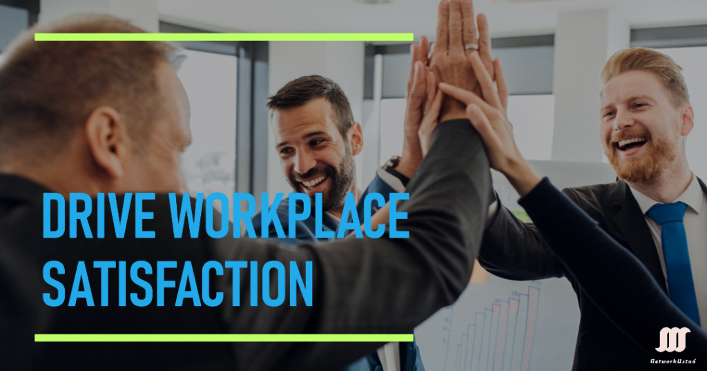 A group of individuals in a professional setting with their faces obscured by pixelation are engaging in a high five gesture In the foreground there is bold text stating DRIVE WORKPLACE SATISFACTION against a blurred office background The image conveys a concept of team success and morale in the workplace