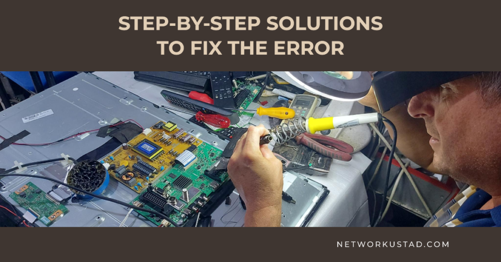 A technicians hands using a soldering iron on an Ethernet circuit board amidst various electronic components and tools