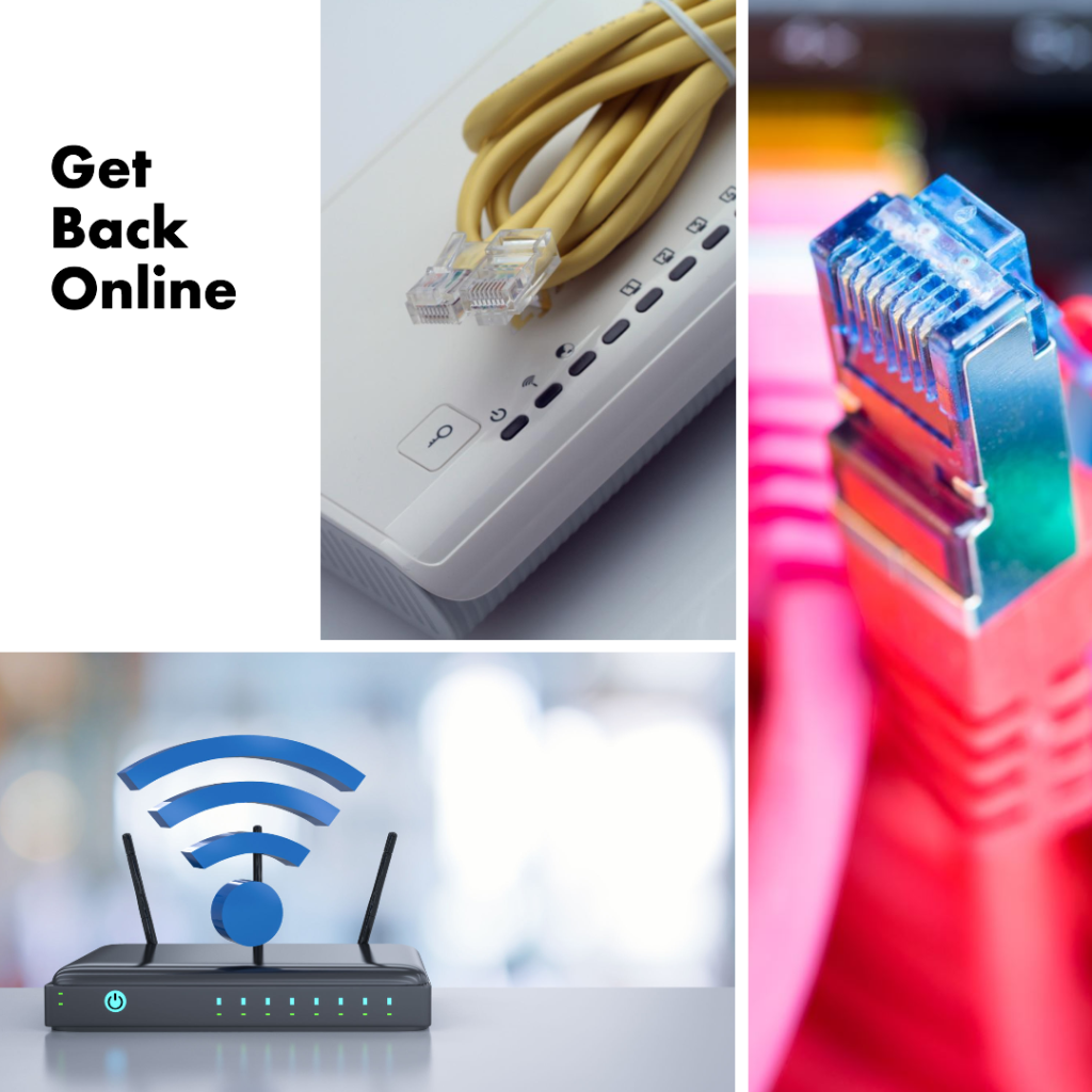 A white router, an Ethernet cable, and a Wi-Fi router with the text "Get Back Online" in the top left corner.