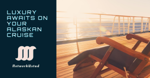 Two wooden lounge chairs on a cruise ship deck overlooking the ocean at sunrise/sunset with text ‘Luxury Awaits on Your Alaskan Cruise’.