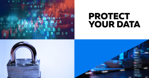 A split image with the left side showing a blurred background of digital binary code and stock market graphs, and the right side displaying the text “PROTECT YOUR DATA” above an image of a metallic padlock in sharp focus on a blue background, and below it, a person typing on a laptop with digital graphics overlaying.