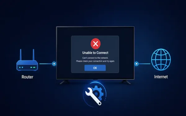 Smart Tv Screen Showing An Error Dialog With A Fault Icon Positioned Between A Router Icon And An Internet Globe Icon, Illustrating How To Diagnose Whether A Samsung Tv Error Is Tv-Side Or Isp-Side