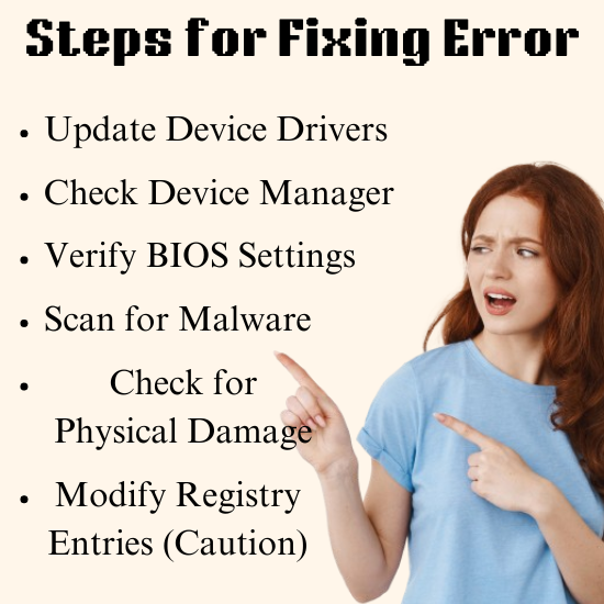 A list of steps for fixing a Code 10 error in Windows including updating device drivers checking device manager verifying BIOS settings scanning for malware checking for physical damage and modifying registry entries with caution