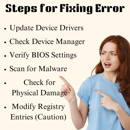 A list of steps for fixing a Code 10 error in Windows, including updating device drivers, checking device manager, verifying BIOS settings, scanning for malware, checking for physical damage, and modifying registry entries (with caution).