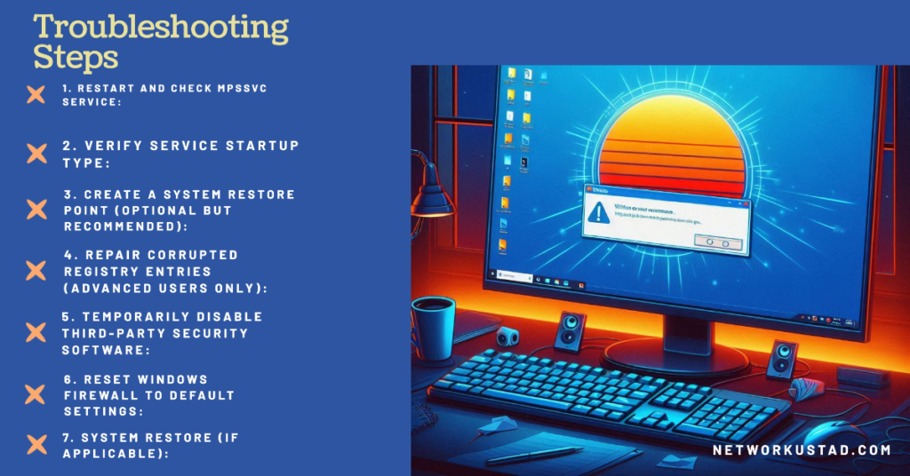 An illustration of a computer screen displaying an error message with a list of troubleshooting steps on the left side all set against a vibrant blue background with digital elements