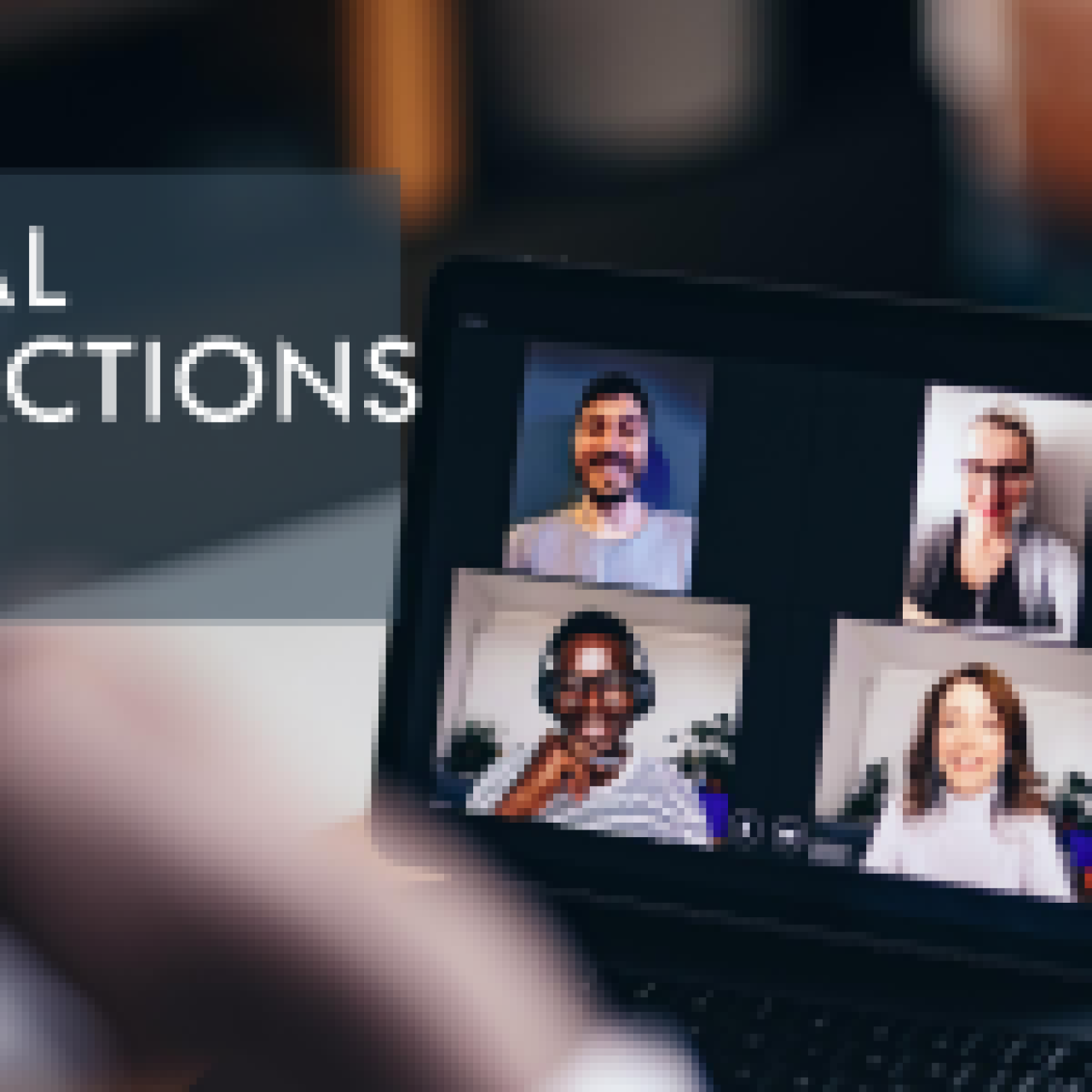 A laptop screen displaying a video call with four participants, each with a cardboard box over their head, symbolizing anonymity or lack of personal connection in digital meetings.