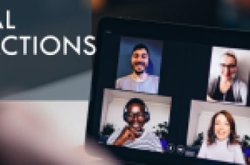 A laptop screen displaying a video call with four participants, each with a cardboard box over their head, symbolizing anonymity or lack of personal connection in digital meetings.