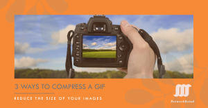 A DSLR camera displaying a landscape photo with text overlay ‘3 WAYS TO COMPRESS A GIF - REDUCE THE SIZE OF YOUR IMAGES’ against a cloudy sky background.