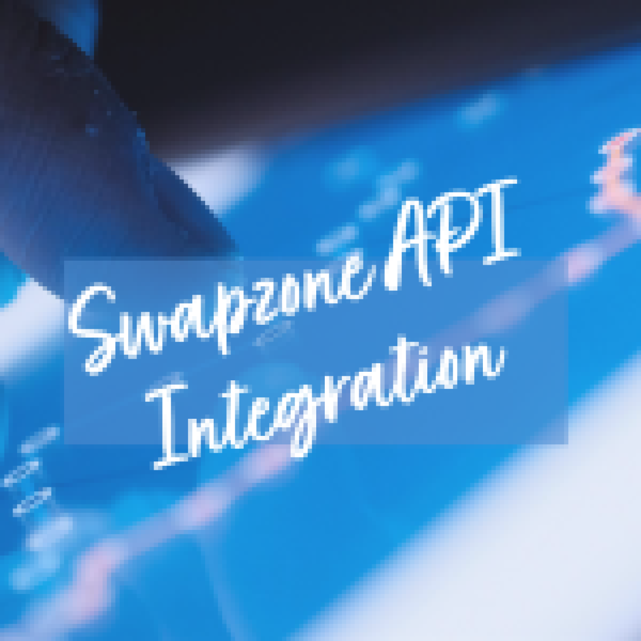 A person’s hand interacting with a tablet displaying financial graphs with ‘Swapzone API Integration’ text overlay.