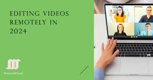 A laptop displaying a virtual meeting with three participants involved in remote video editing, symbolizing collaboration in 2024.