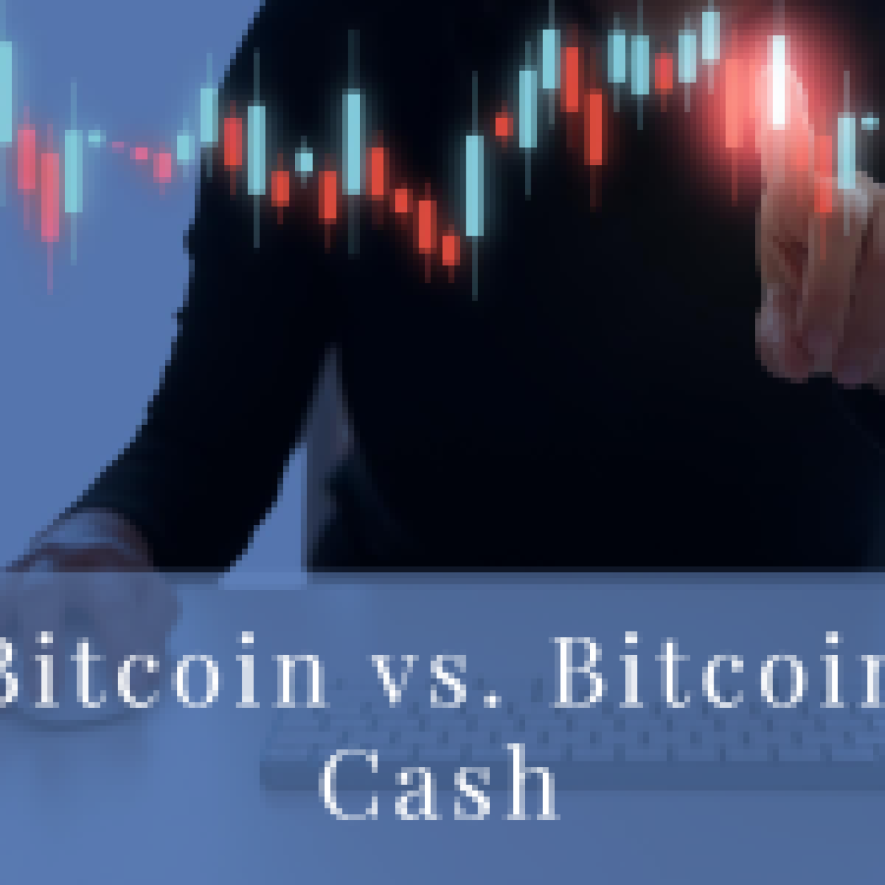 A financial analyst researching market trends on Bitcoin versus Bitcoin Cash on a laptop with candlestick charts in the background.