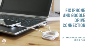 A laptop with an iPhone connected via USB cable, indicating a guide to fixing connectivity issues between devices.