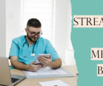 Medical Billing Software advertisement featuring a healthcare professional with a stethoscope around the neck, sitting at a desk with a laptop and holding a digital tablet, with the text “STREAMLINE YOUR MEDICAL BILLING” on the right side.