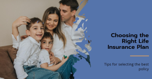 A family of four, with their faces obscured by pixelation, is sitting together. To the right, there’s a graphic element with text about life insurance.