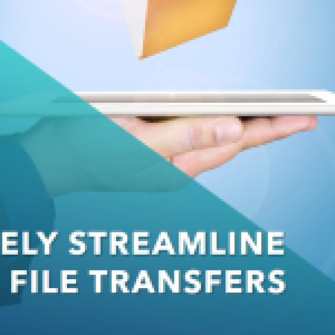 A digital illustration of secure file transfer in the entertainment industry, featuring icons of media files, encryption, and cloud storage.