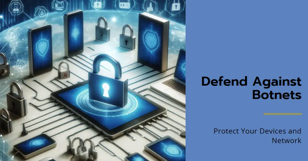 A digital illustration related to cybersecurity, featuring a central padlock symbol surrounded by various computer screens and icons representing different security functions like shields and locks. The screens are connected by white lines on a blue background, suggesting a network.