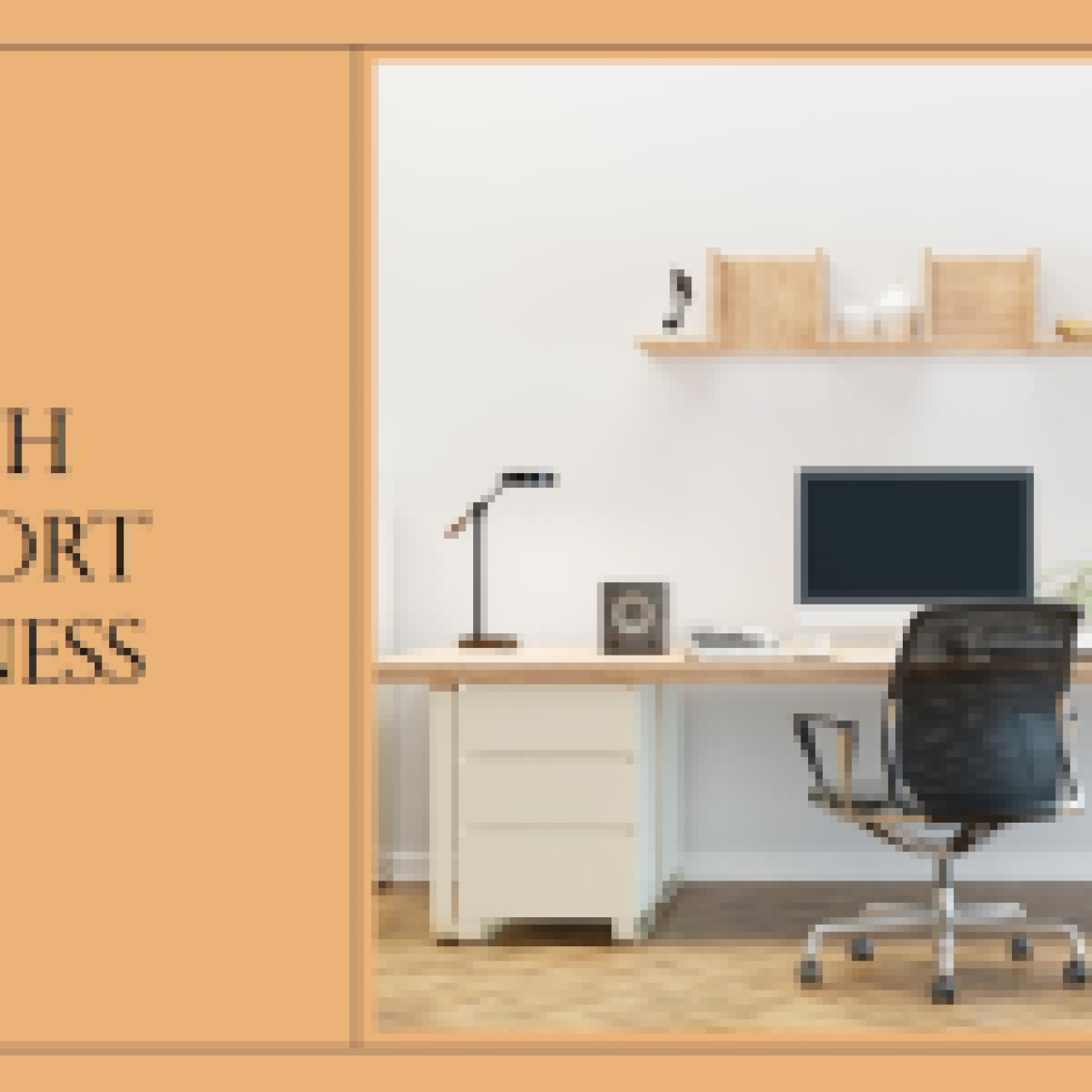 A clean and organized tech support workspace with a desktop computer, speakers, and various office supplies on a wooden desk against a neutral wall.