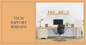 A clean and organized tech support workspace with a desktop computer, speakers, and various office supplies on a wooden desk against a neutral wall.