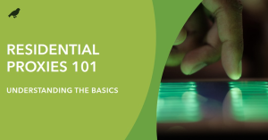 A graphic titled ‘Residential Proxy 101 - Understanding the Basics’ featuring an image of a hand touching a digital interface, symbolizing advanced technology concepts.