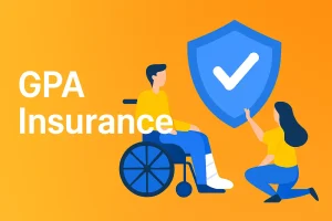 Illustration of a caring professional holding a large blue shield with a checkmark over an injured person in a wheelchair with a leg cast, symbolizing protection and financial security provided by Group Personal Accident (GPA) Insurance against accidents and disabilities.