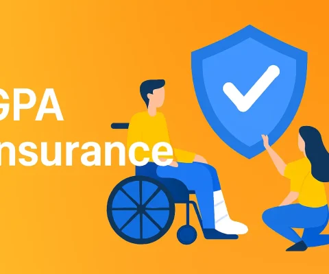 Illustration Of A Caring Professional Holding A Large Blue Shield With A Checkmark Over An Injured Person In A Wheelchair With A Leg Cast, Symbolizing Protection And Financial Security Provided By Group Personal Accident (Gpa) Insurance Against Accidents And Disabilities.