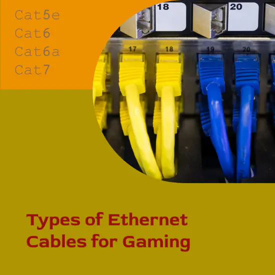  A close-up image of various Ethernet cables plugged into a network switch, labeled with different categories such as Cat5e, Cat6, Cat6a, and Cat7.