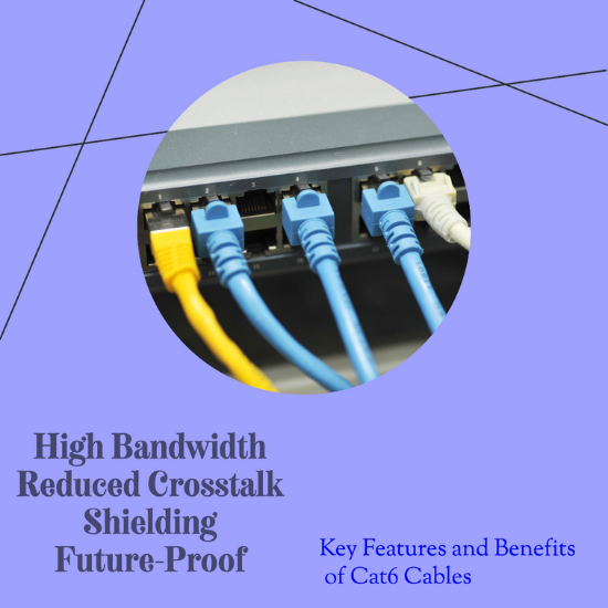 A close-up image of several Ethernet cables plugged into a network switch, with blue and yellow cables prominently displayed against a purple background.